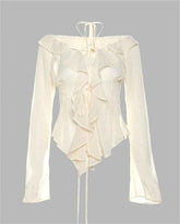 Off Shouder Ruffles Lace Up Blouse